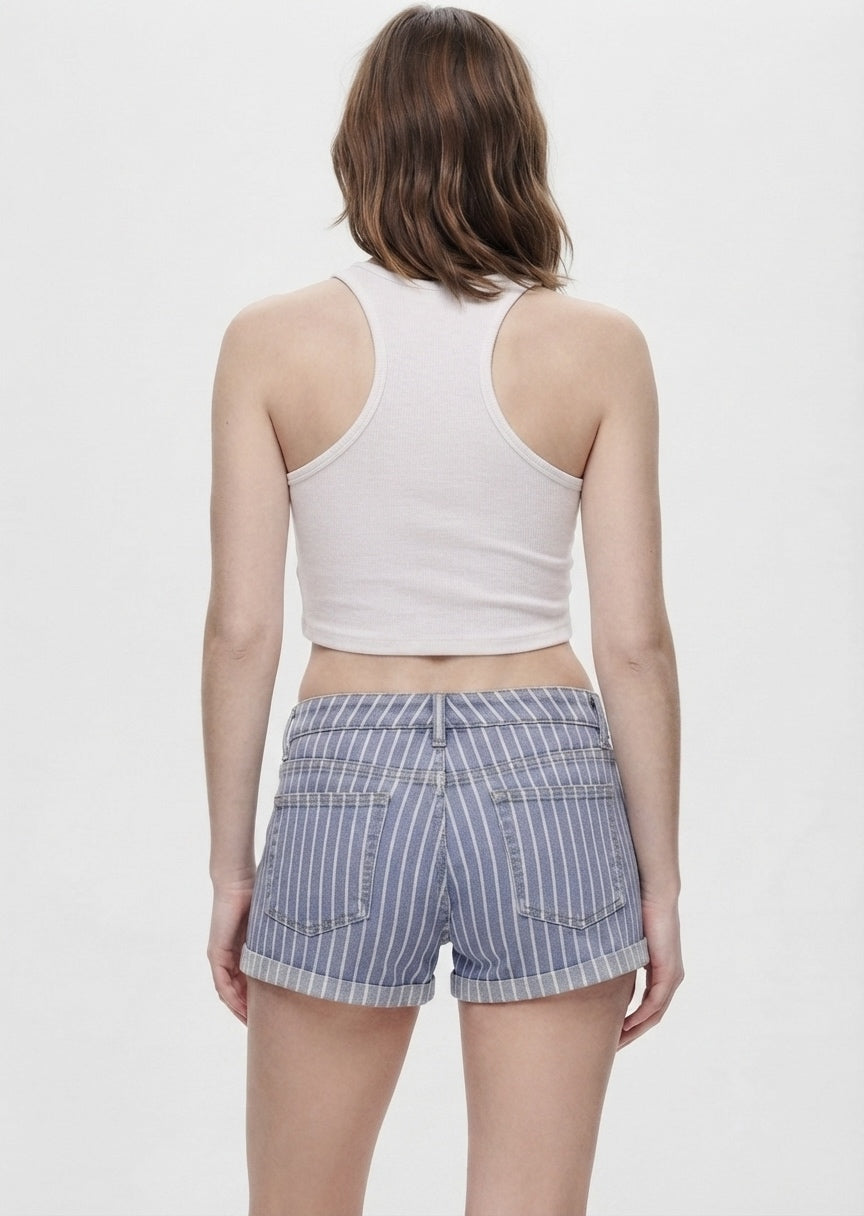 H&M Women's Striped Denim Rolled-Cuff Shorts - Summer Casual