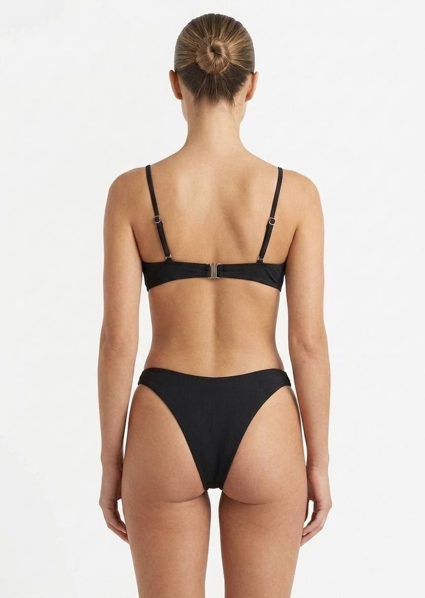 SHEIN Black Ribbed Underwire Bikini Set with Ring Detail