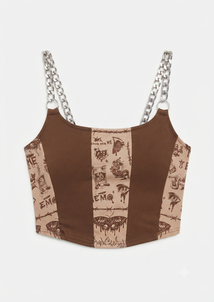 Graphic Print Bikini Top with Chain Straps