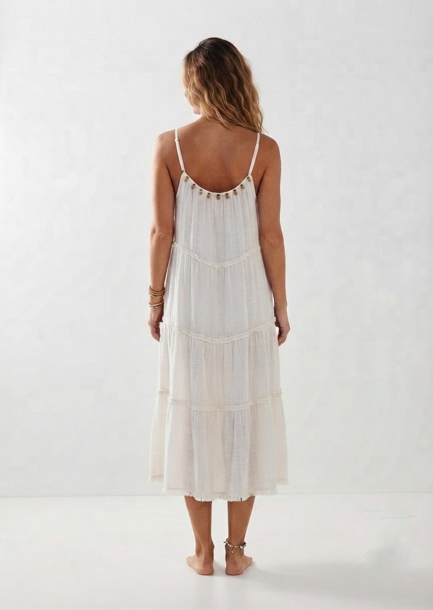 Women's White Tiered Midi Dress - Spaghetti Strap Boho Cami Dress with Beaded Details