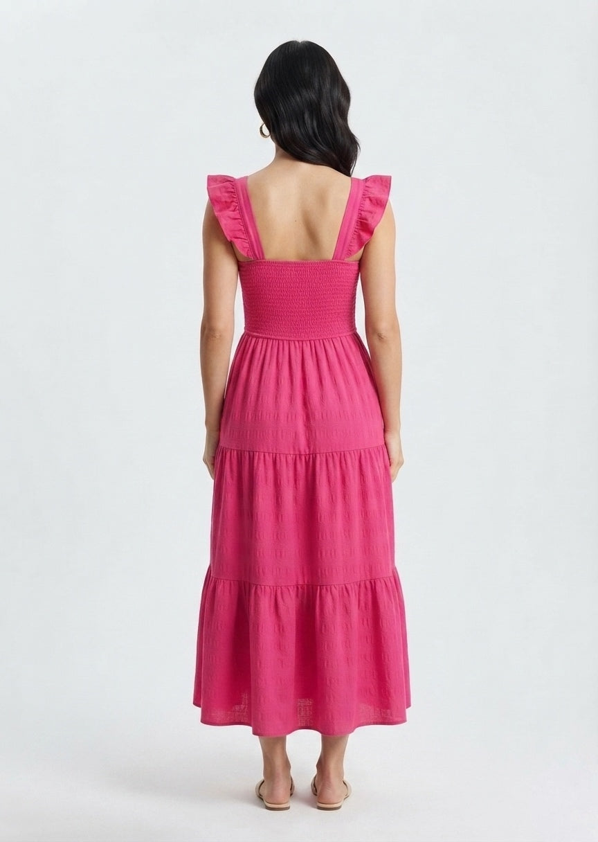 SHEIN Women's Smocked Ruffle-Strap Tiered Midi Dress - Fuchsia