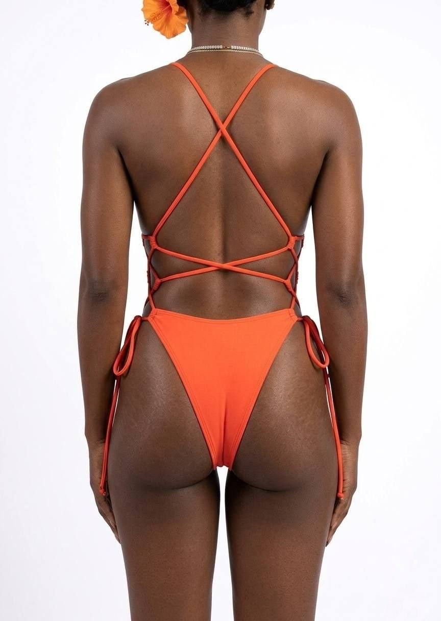SHEIN Bold Orange Lace-Up Side One-Piece Swimsuit - High-Cut Beachwear