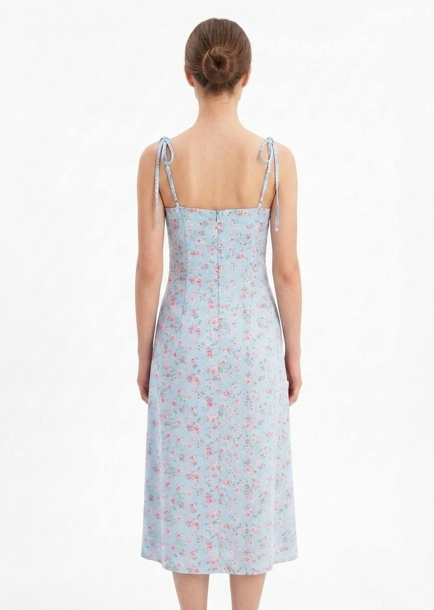 Shein Women’s Blue Floral Midi Dress with Tie-Shoulder Straps