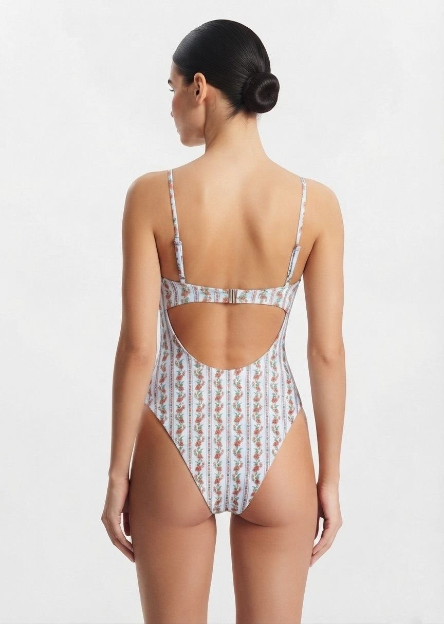 SHEIN Floral Striped Underwire One-Piece Swimsuit