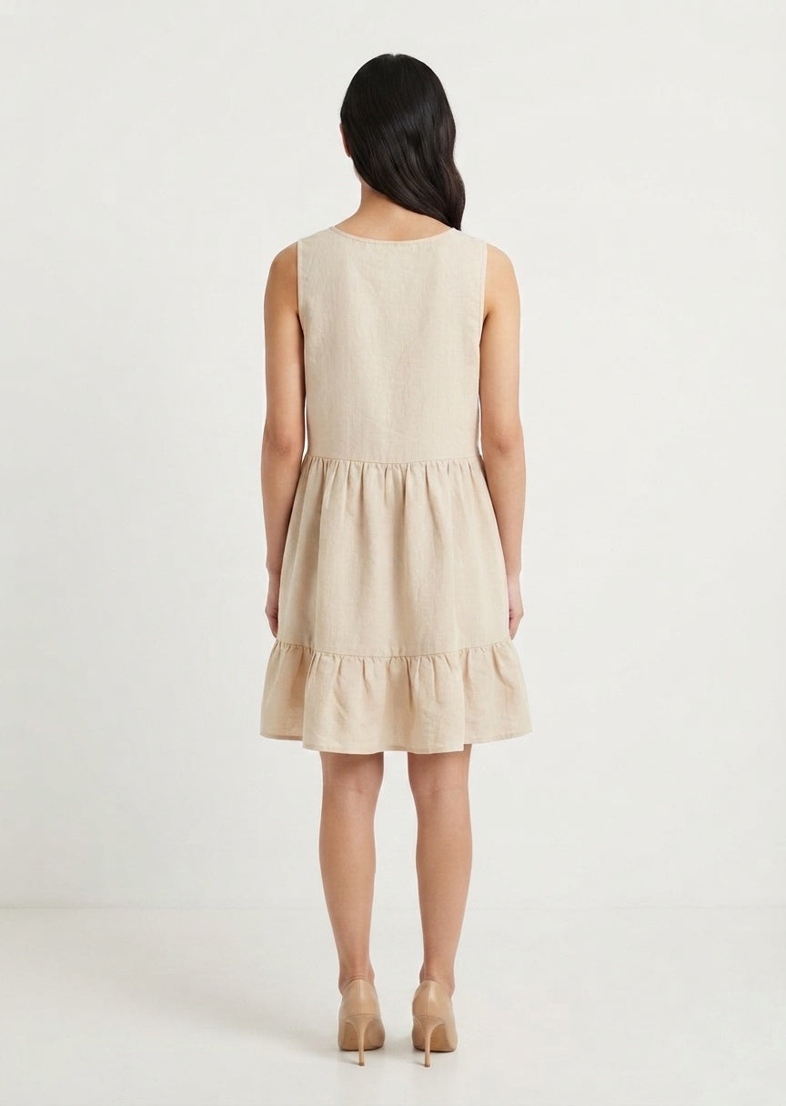 SHEIN Women's Button-Front Ruffle Hem Linen Mini Dress - Beige