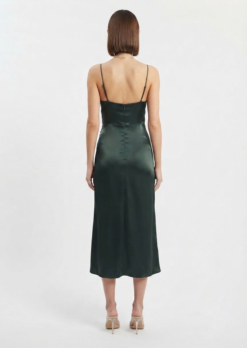 ZARA Women's Dark Green Satin Midi Dress - Cowl Neck Cami Dress with Slit