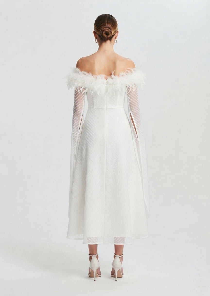 SHEIN Women's Off-the-Shoulder Feather Trim Midi Dress with Split Sleeves