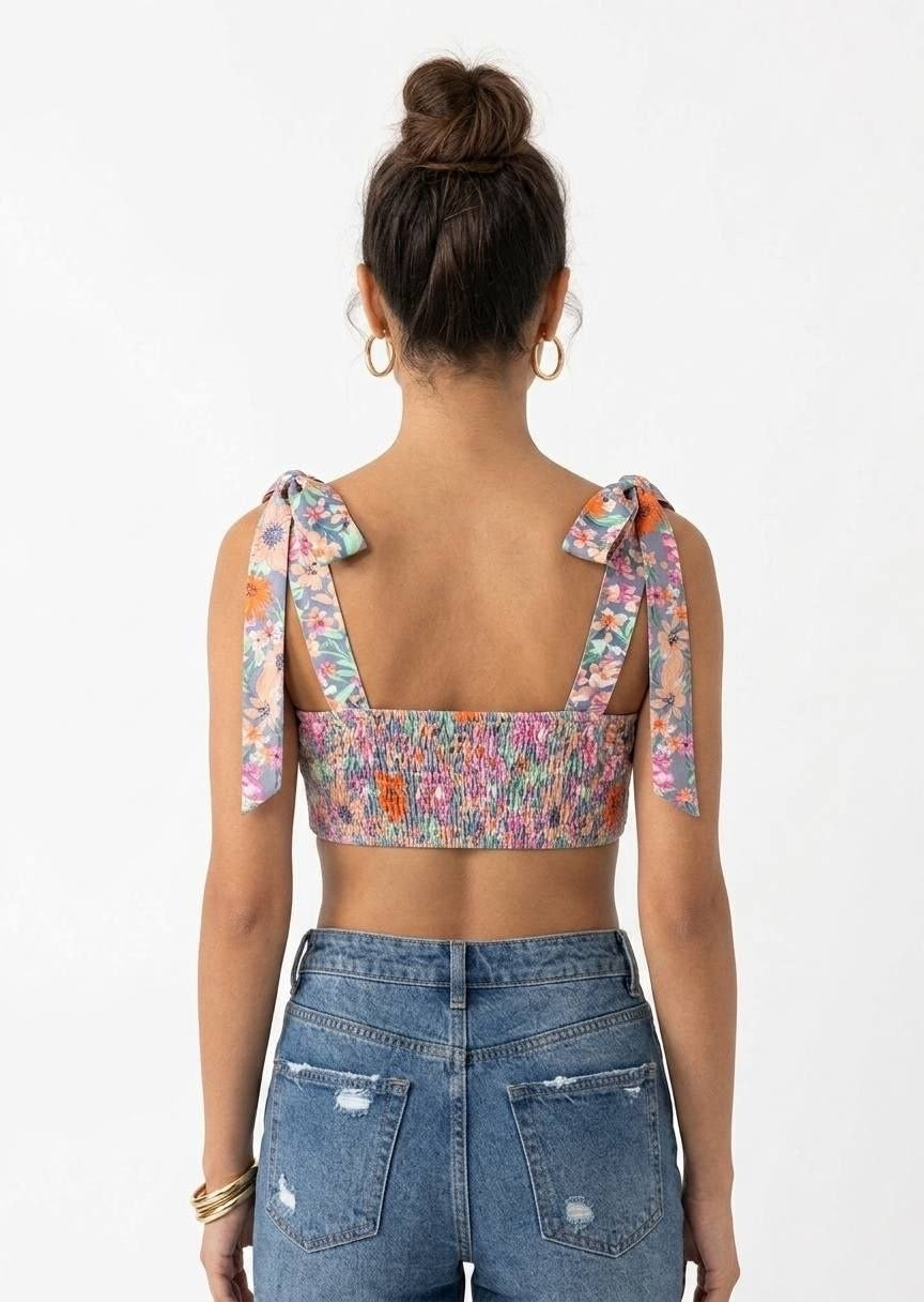 Shein Women’s Floral Print Tie-Strap Smocked Crop Top