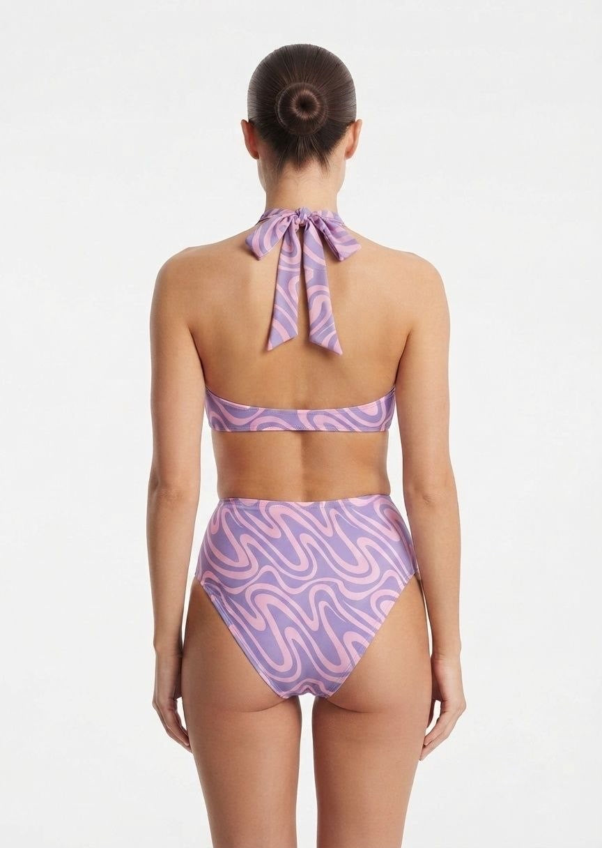 SHEIN Purple Abstract Print Cutout Halter One-Piece Swimsuit