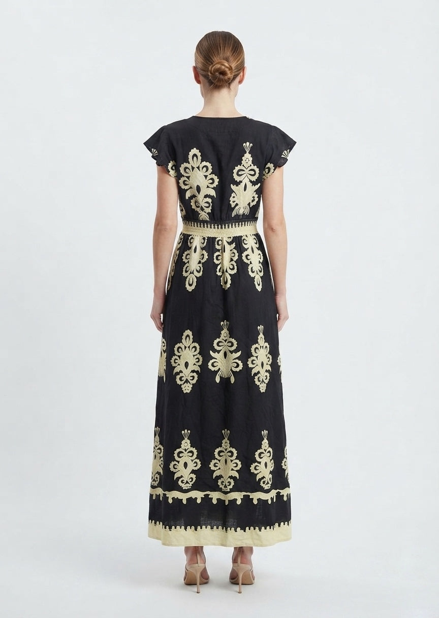 SHEIN Women's Embroidered V-Neck Maxi Dress - Black & Beige
