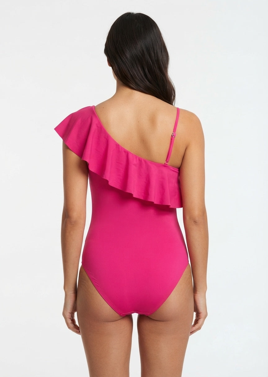 Kona Sol Brand Fuchsia One-Shoulder Ruffle One-Piece Swimsuit