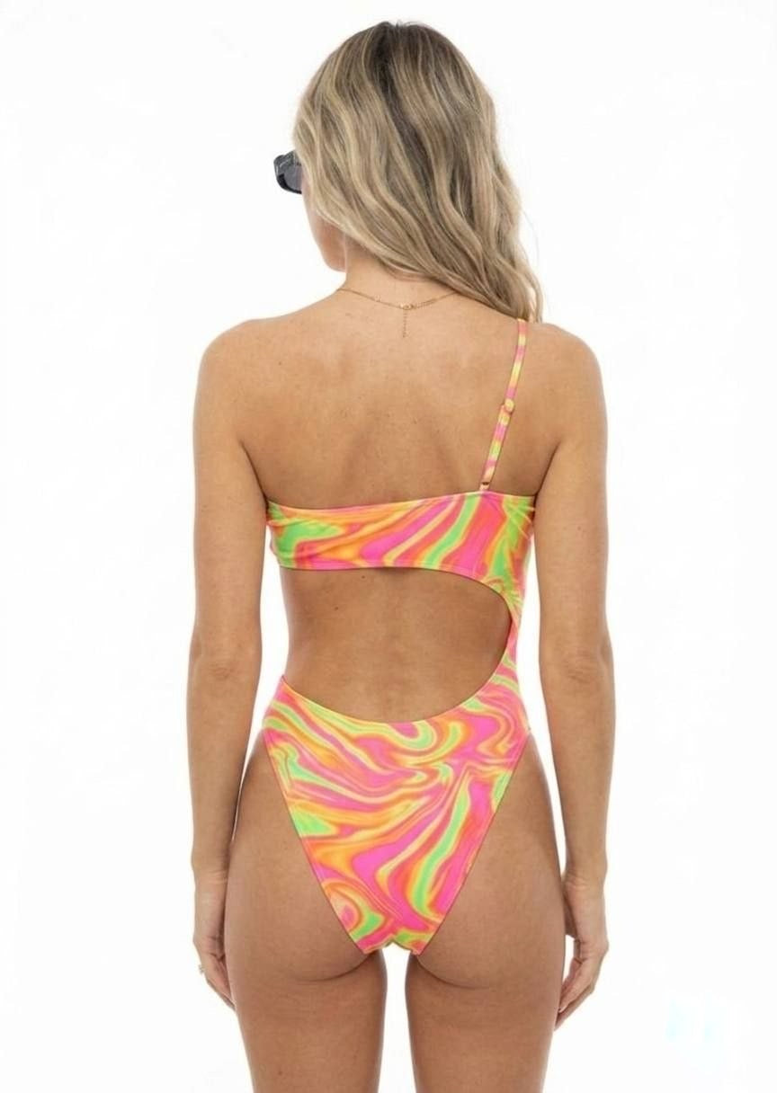 SHEIN Vibrant Swirl Print One-Shoulder Cut-Out Swimsuit