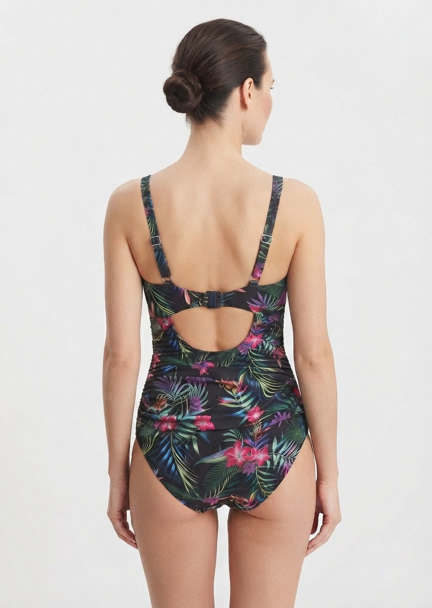 Tropical Floral Print One-Piece Swimsuit with Ruched Sides