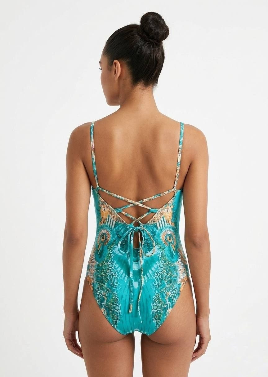 SHEIN Bohemian Print Lace-Up Back One-Piece Swimsuit