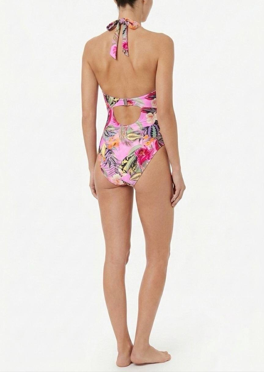 Tropical Print Halter One-Piece Swimsuit