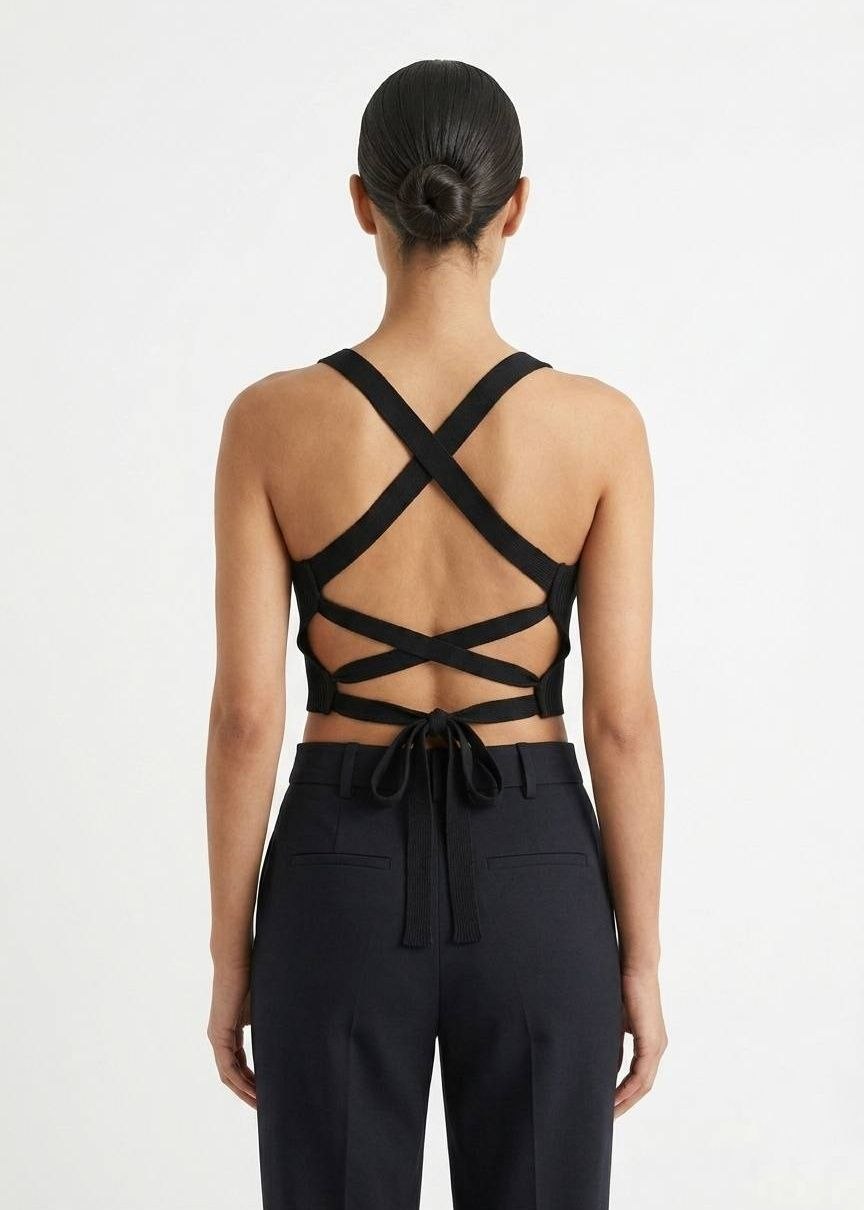SHEIN Ribbed Knit Square-Neck Lace-Up Crop Top
