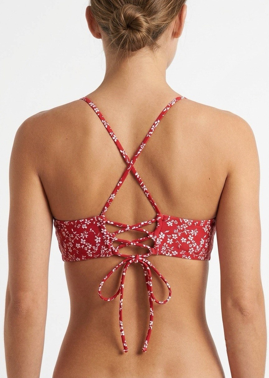 SHEIN Women's Red Floral Print Lace-Up Back Bikini Top