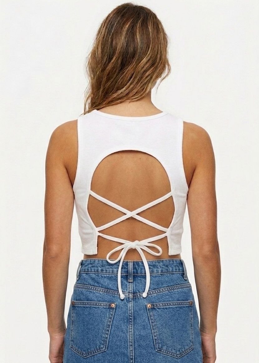 BERSHKA Graphic Print Lace-Up Back Crop Top