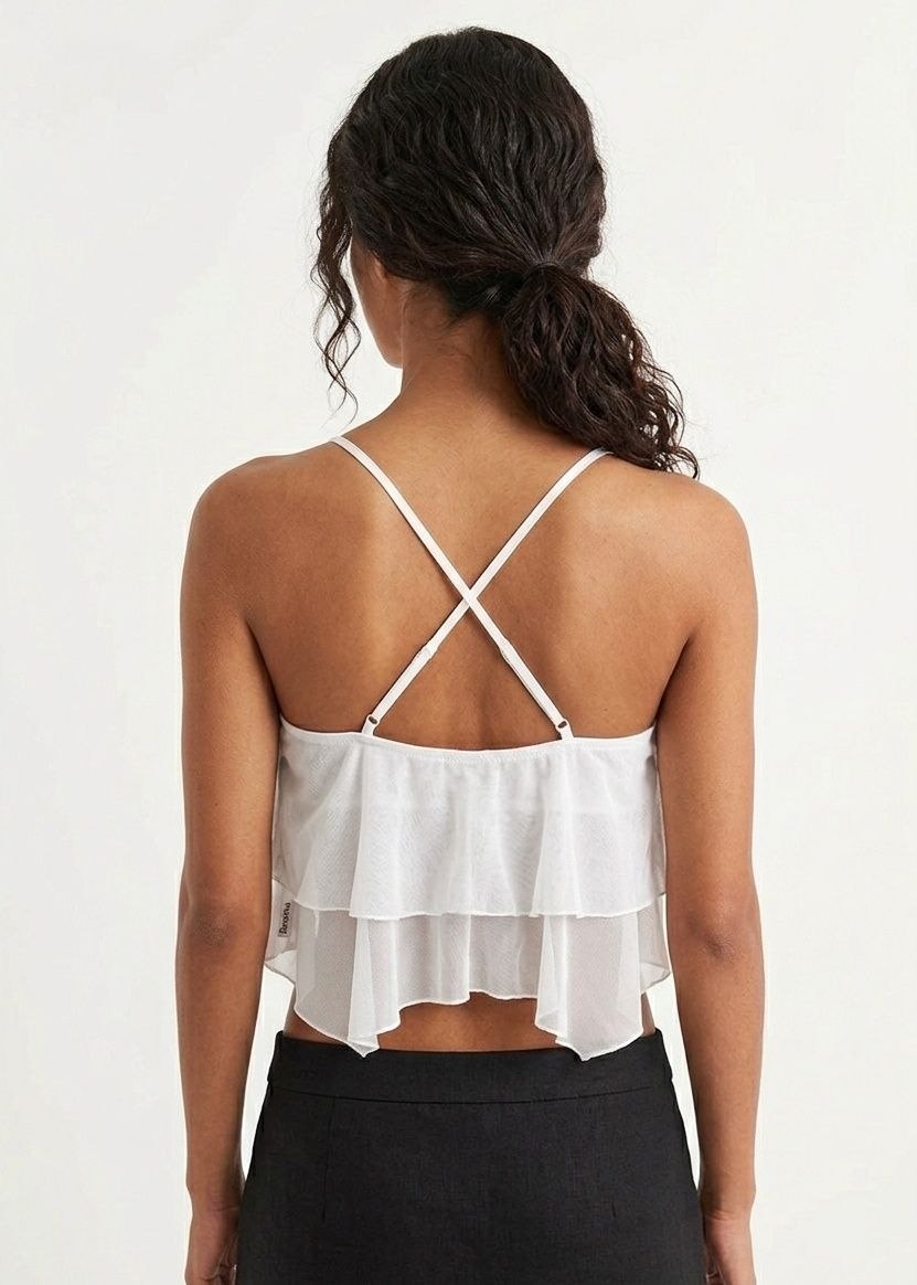 BERSHKA Layered Ruffle Mesh Cami Crop Top