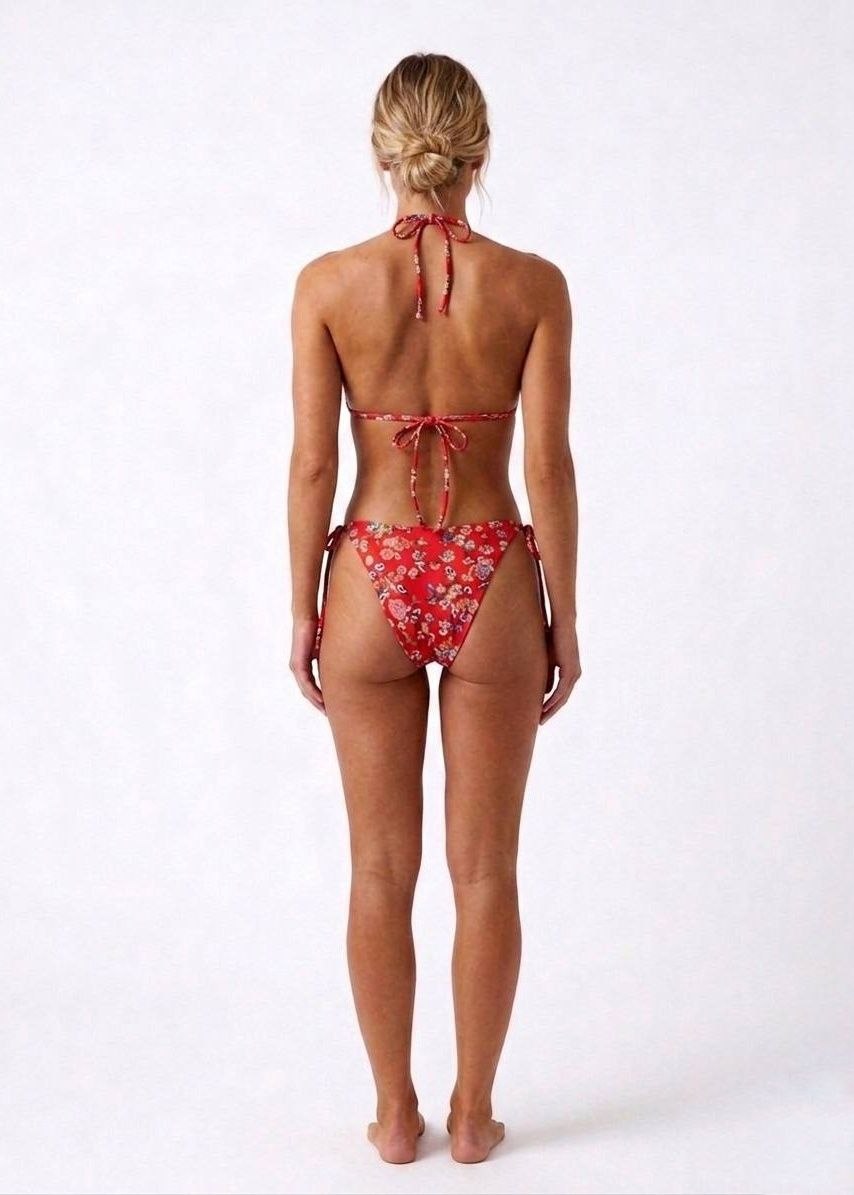 SHEIN Red Ditsy Floral Triangle Bikini Set with Side-Tie Bottoms