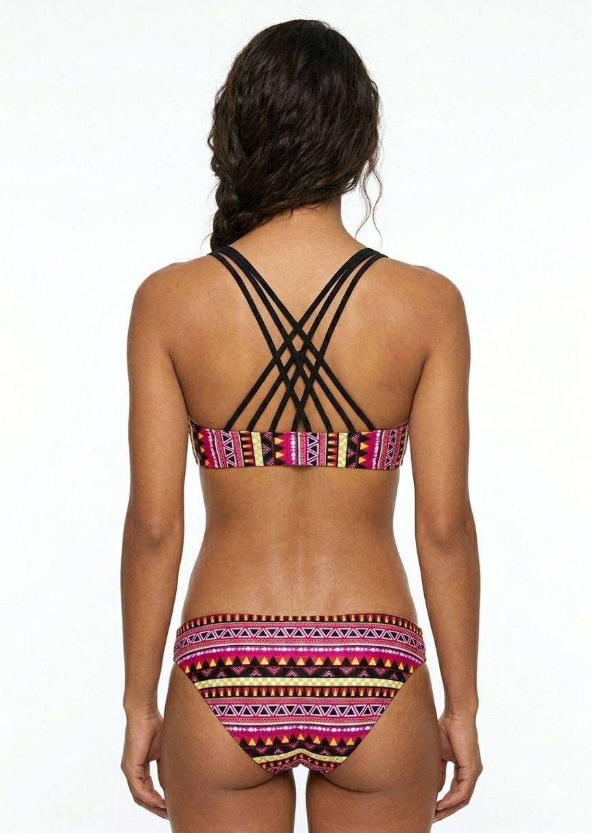 Reversible Tribal Print & Black Bikini Set - Two-in-One Swimsuit