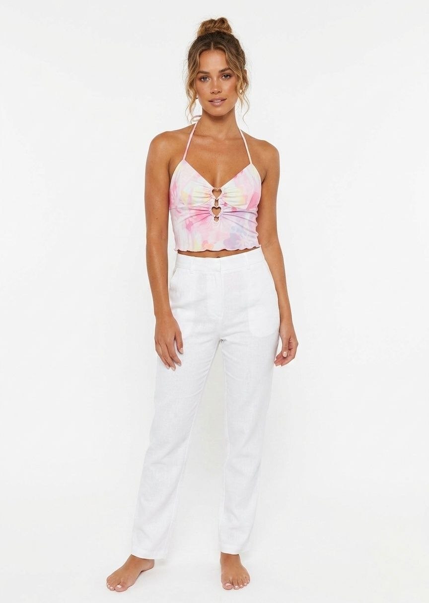 BERSHKA Tie-Dye Halter Crop Top with Heart Hardware