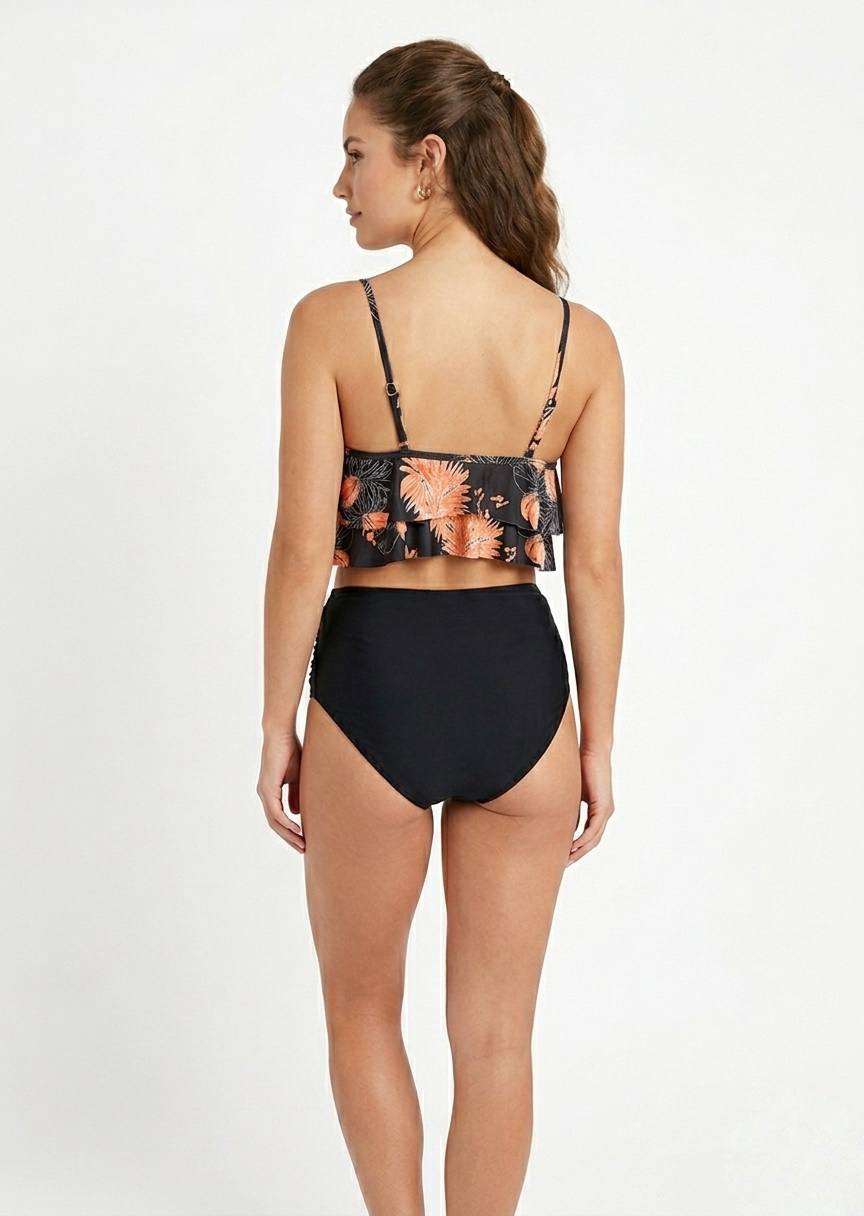 SHEIN Floral Flounce Tankini and Ruched High-Waisted Bikini Set
