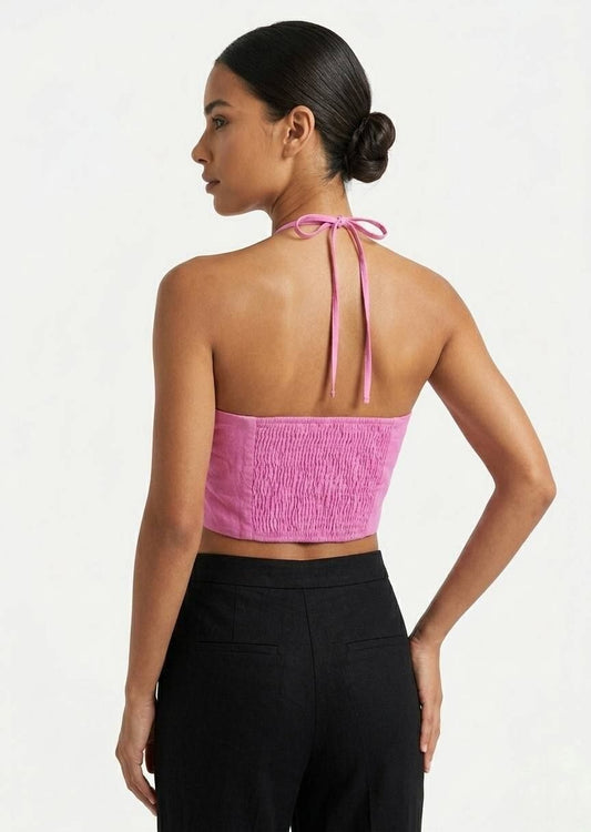 BERSHKA Linen Blend Halter Neck Twist Front Cut-Out Crop Top