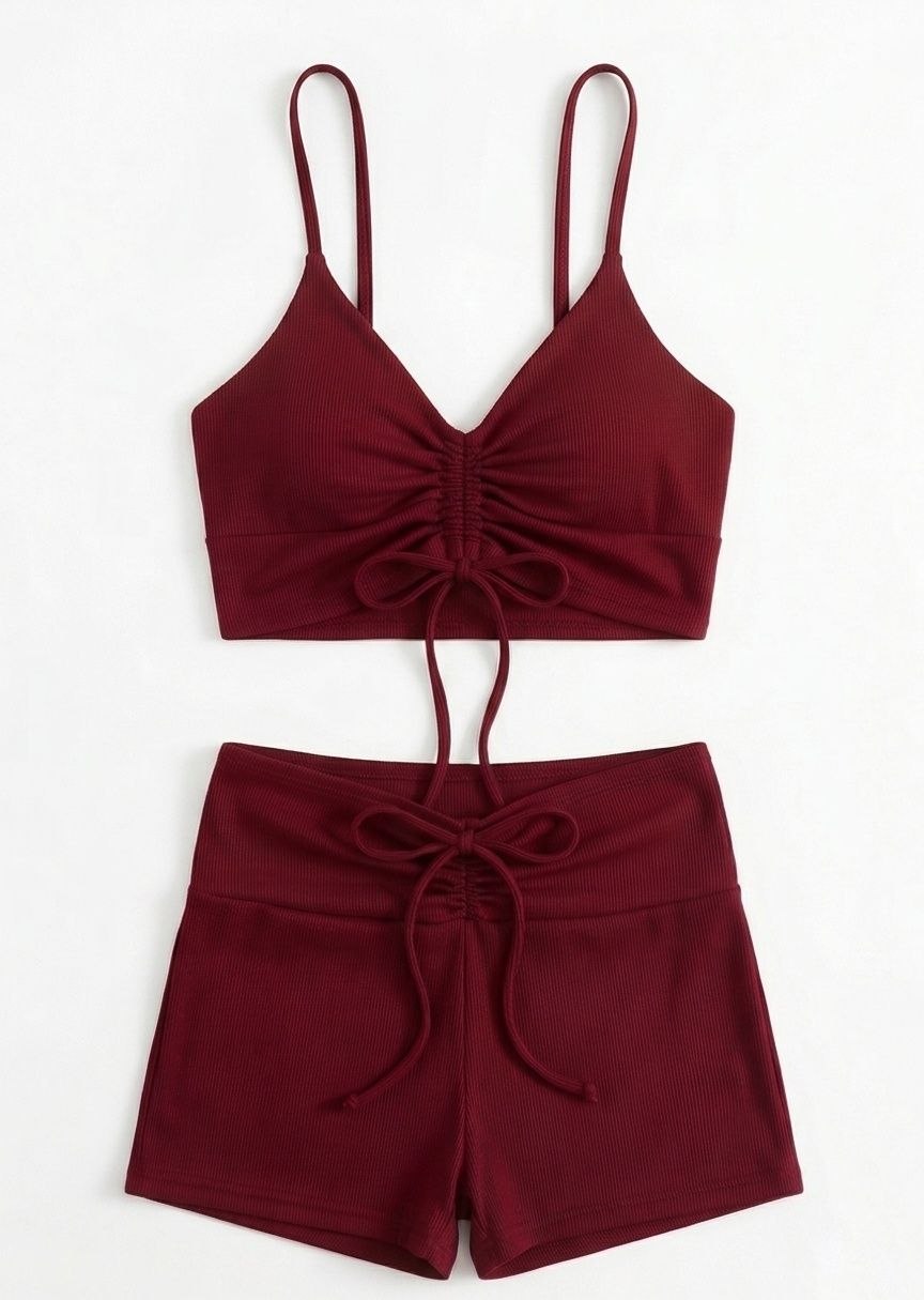 SHEIN Ribbed Ruched Drawstring Bikini Set with Shorts