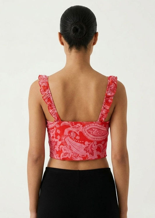 BERSHKA Red Paisley Ruffle Corset Crop Top