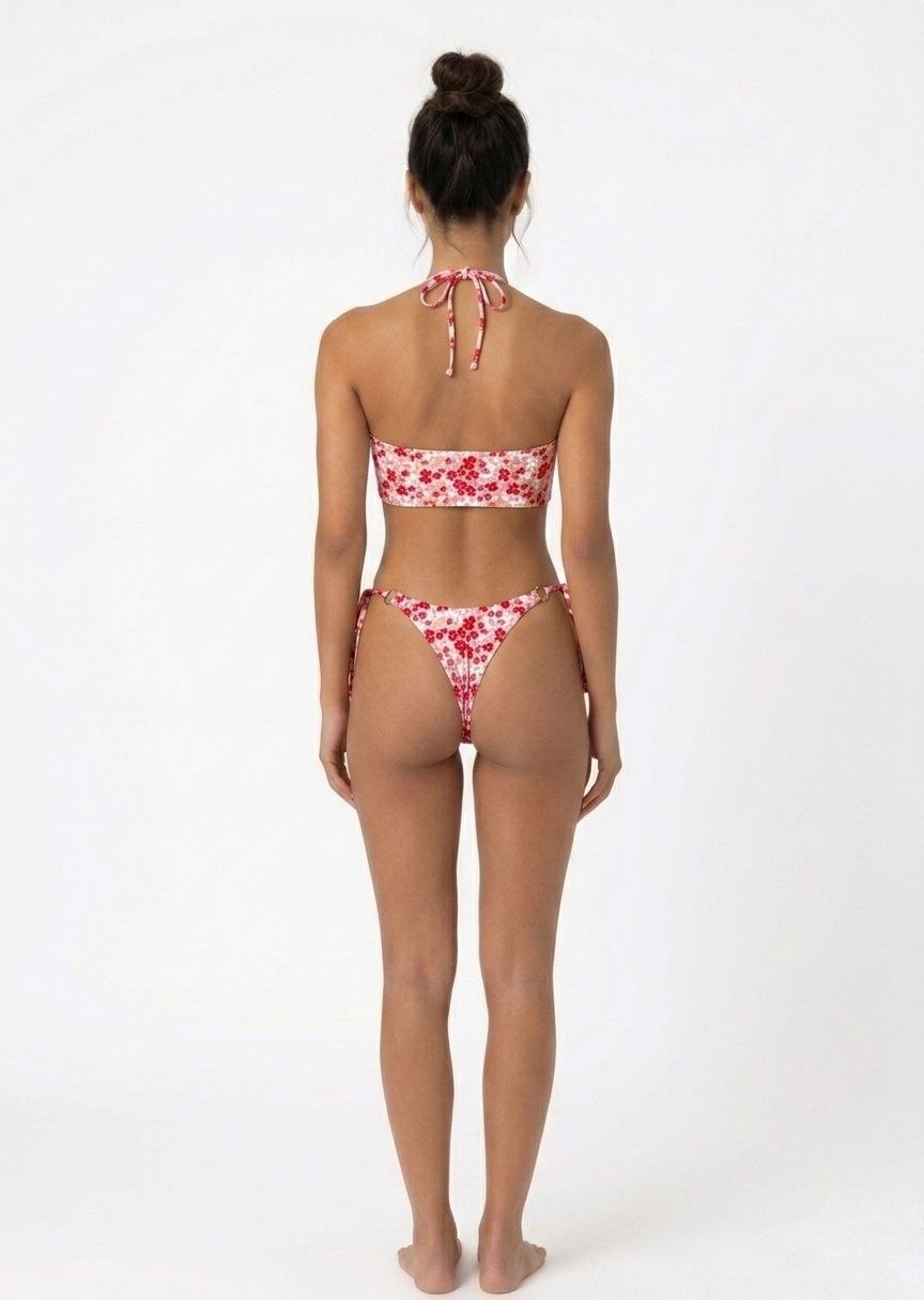 SHEIN Floral Halter Bandeau Bikini Set with O-Ring Side-Tie Bottoms - Pink & White