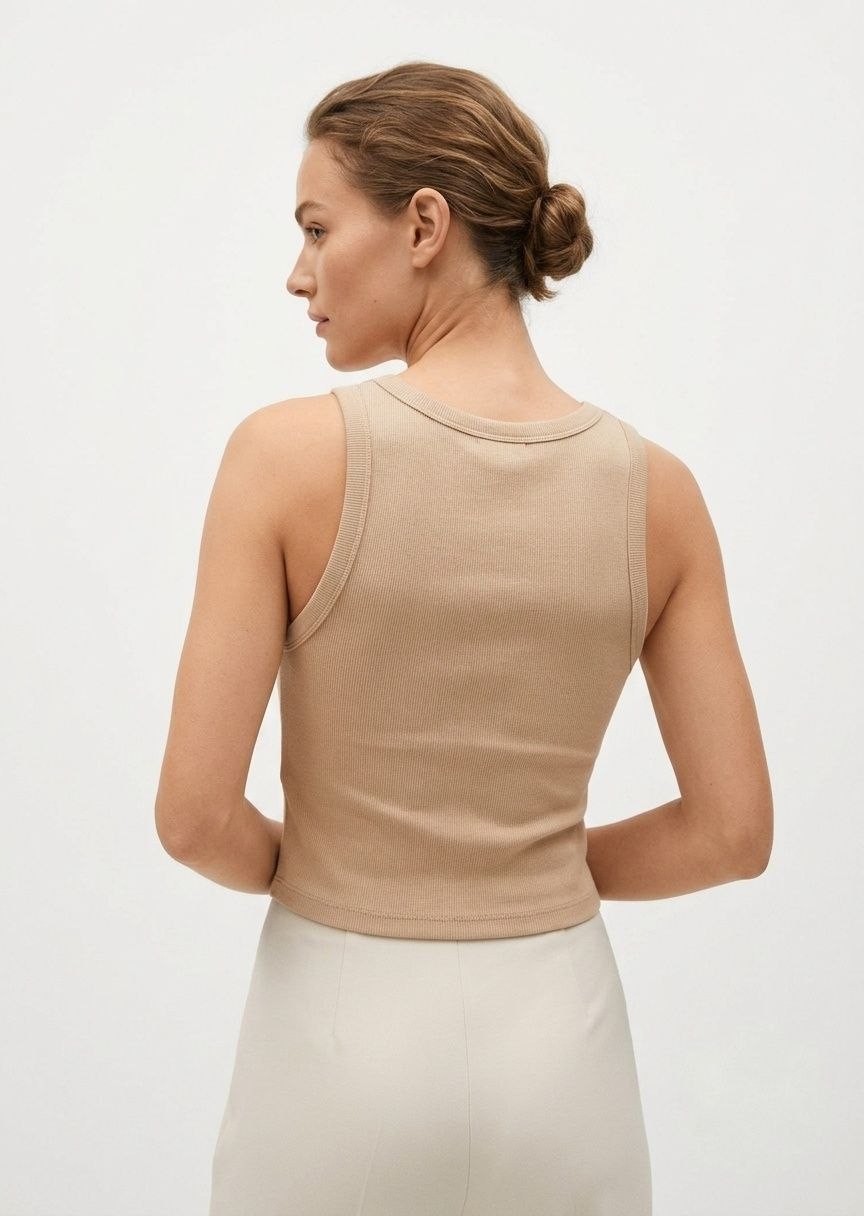 BERSHKA Women's Ribbed Crew Neck Sleeveless Crop Top - Beige