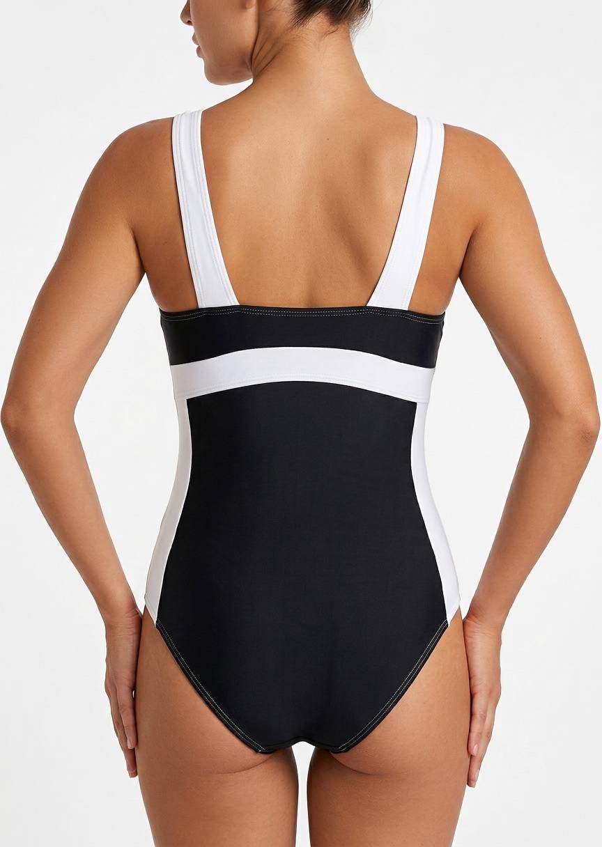 SHEIN Women’s Color-Block V-Neck One-Piece Swimsuit – Black and White