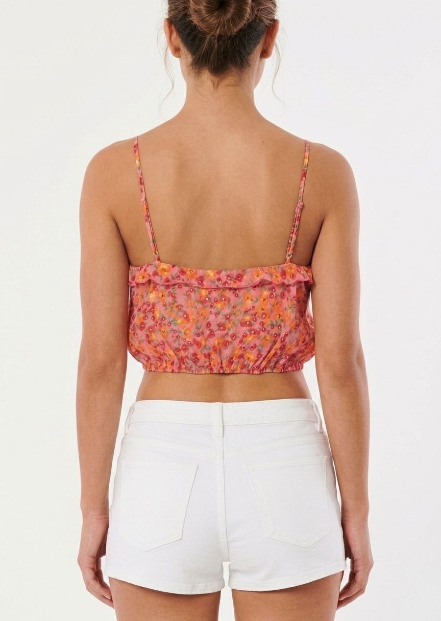 BERSHKA Floral Print Ruffle V-Neck Crop Top
