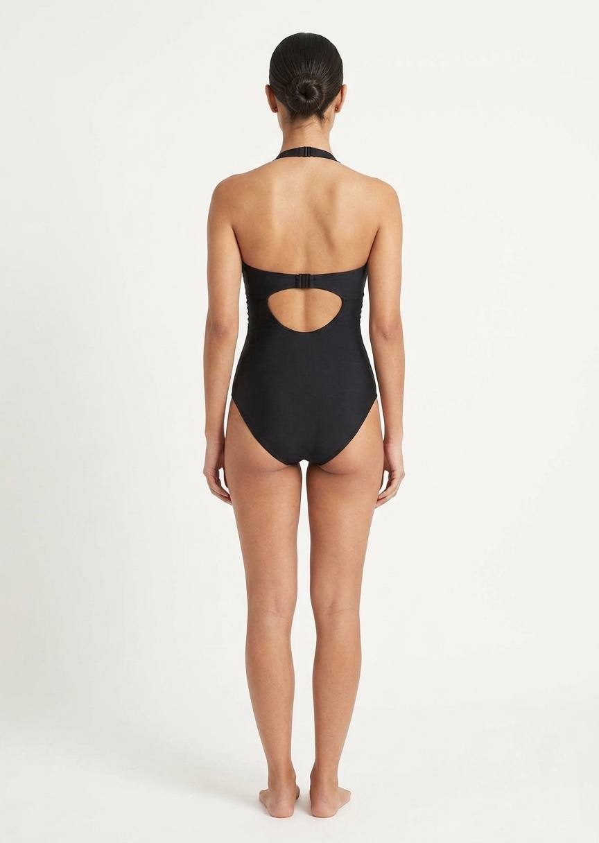 Women’s Striped Halter One-Piece Swimsuit – Black and White