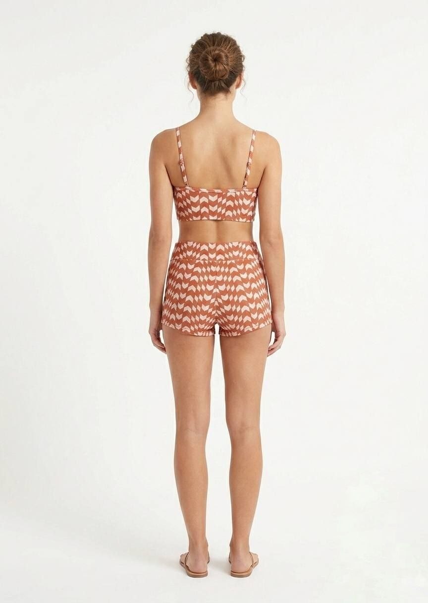 SHEIN Geometric Chevron High-Waisted Swim Shorts Bikini Set - Terracotta