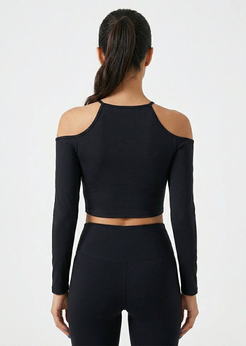 Women's Cold-Shoulder Long Sleeve Cropped Top - Black Athletic Fit