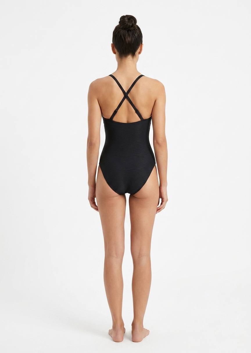 TU BRAND Women’s Black One-Piece Swimsuit with V-Neck and Cut-Out Detail