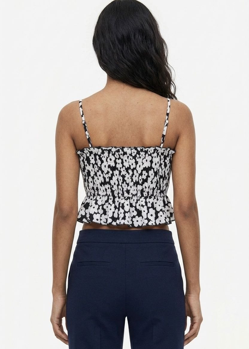 BERSHKA Floral Print Smocked Peplum Cami Crop Top