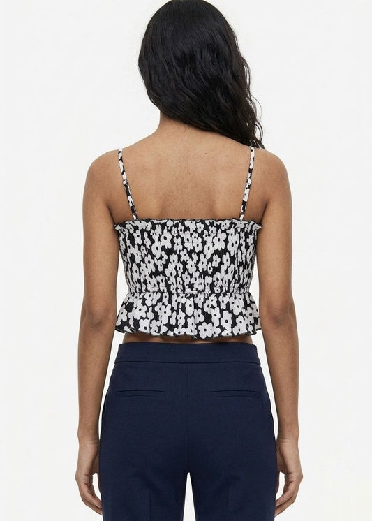 BERSHKA Floral Print Smocked Peplum Cami Crop Top