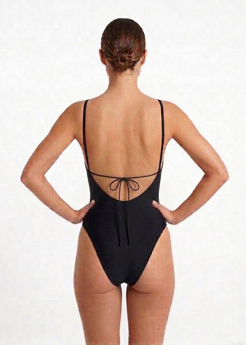 SHEIN Textured Rib-Knit V-Neck Twist Back One Piece Swimsuit