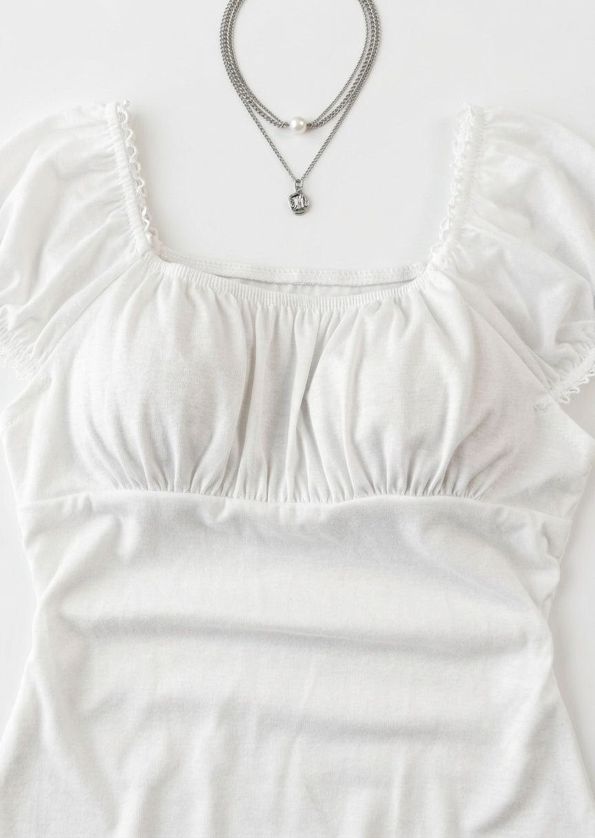 Casual French Elegant Lace Trim Pleated Short Sleeve Slim Fit Square Neck Puff Sleeve