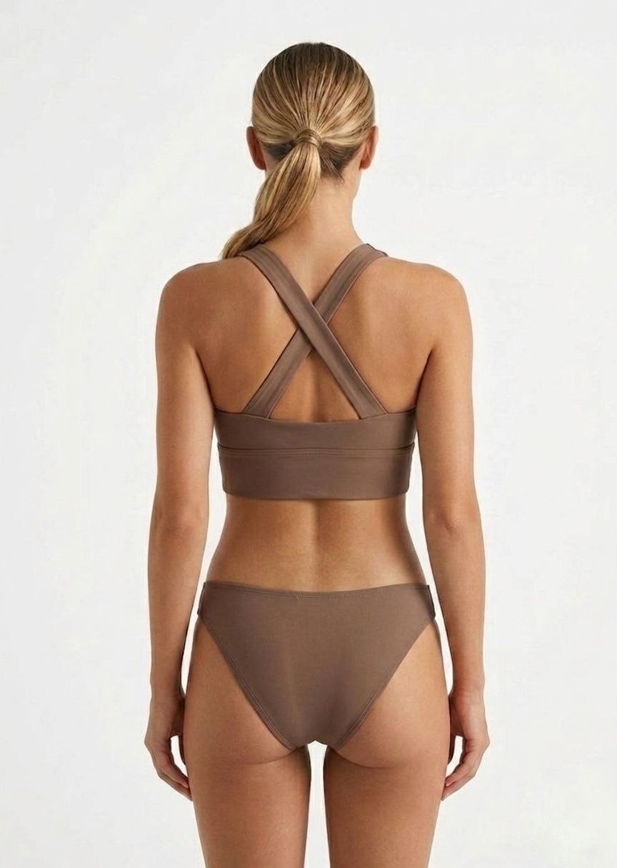 SHEIN Front-Tie V-Neck Bikini Set with Criss-Cross Back - Earthy Brown