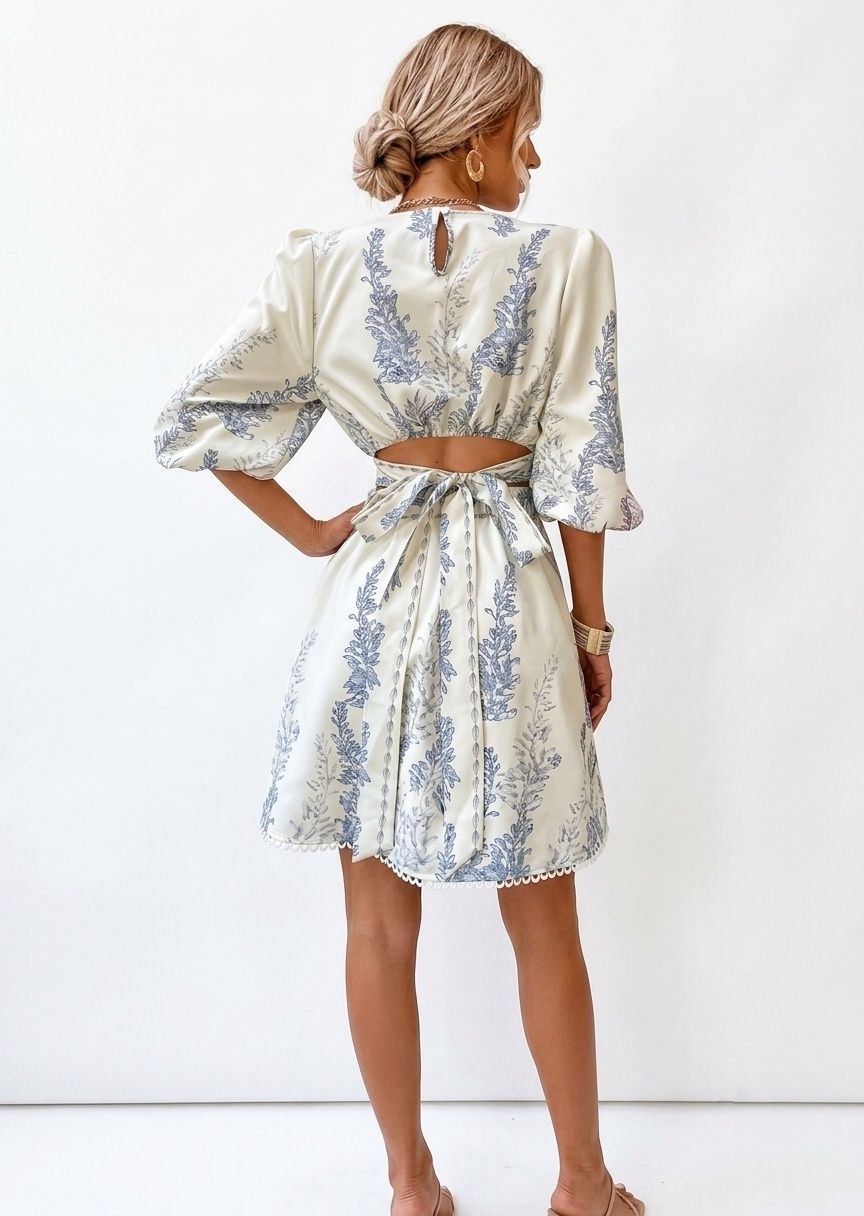 Aveloria Modichic Plant Print Cut Out Tie Back Lantern Sleeve Dress Vacation Outfits Woman