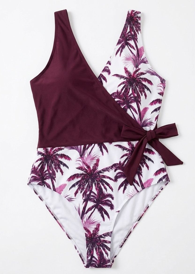 SHEIN Tropical Palm Print Wrap-Style One-Piece Swimsuit