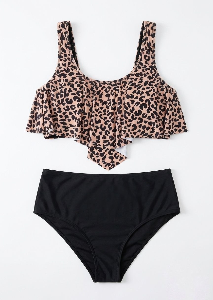 SHEIN Leopard Print Flounce High-Waisted Bikini Set