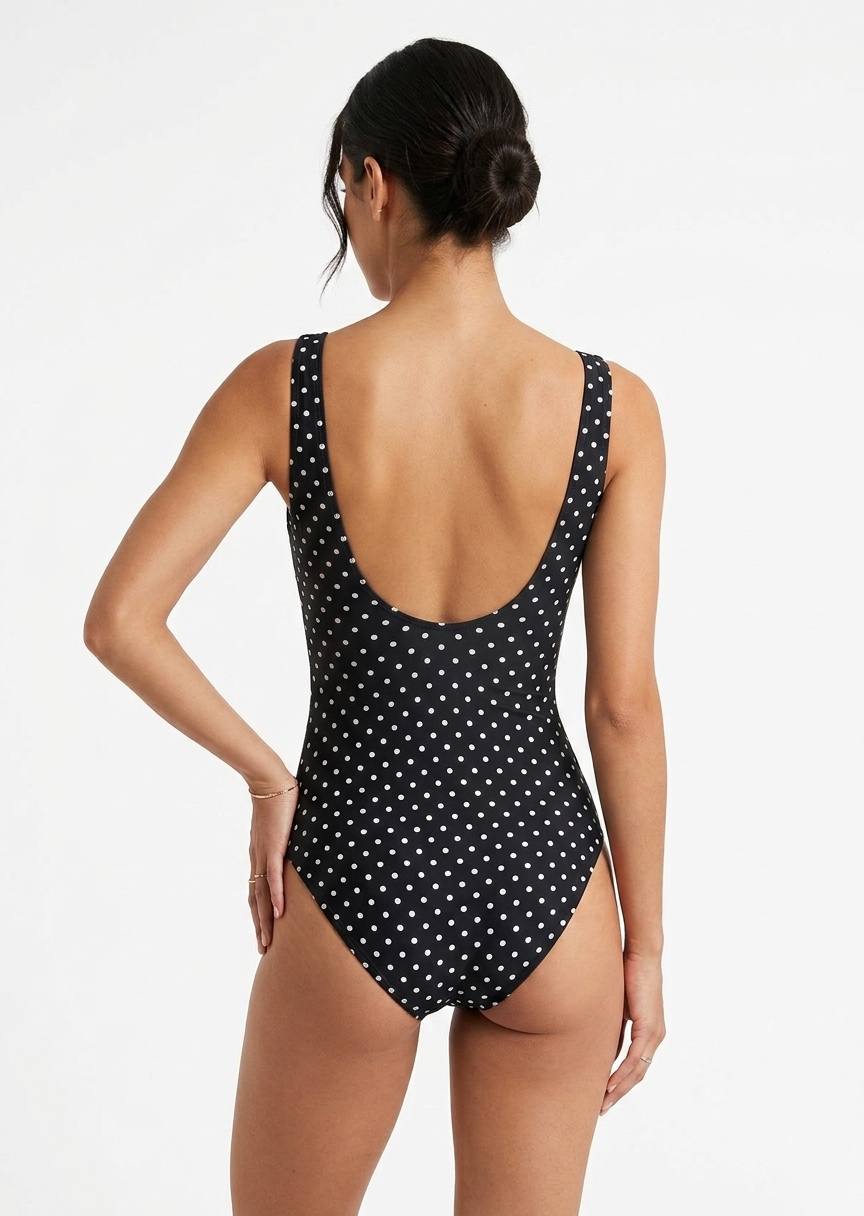 TU BRAND Women’s Polka Dot V-Neck One-Piece Swimsuit – Black and White