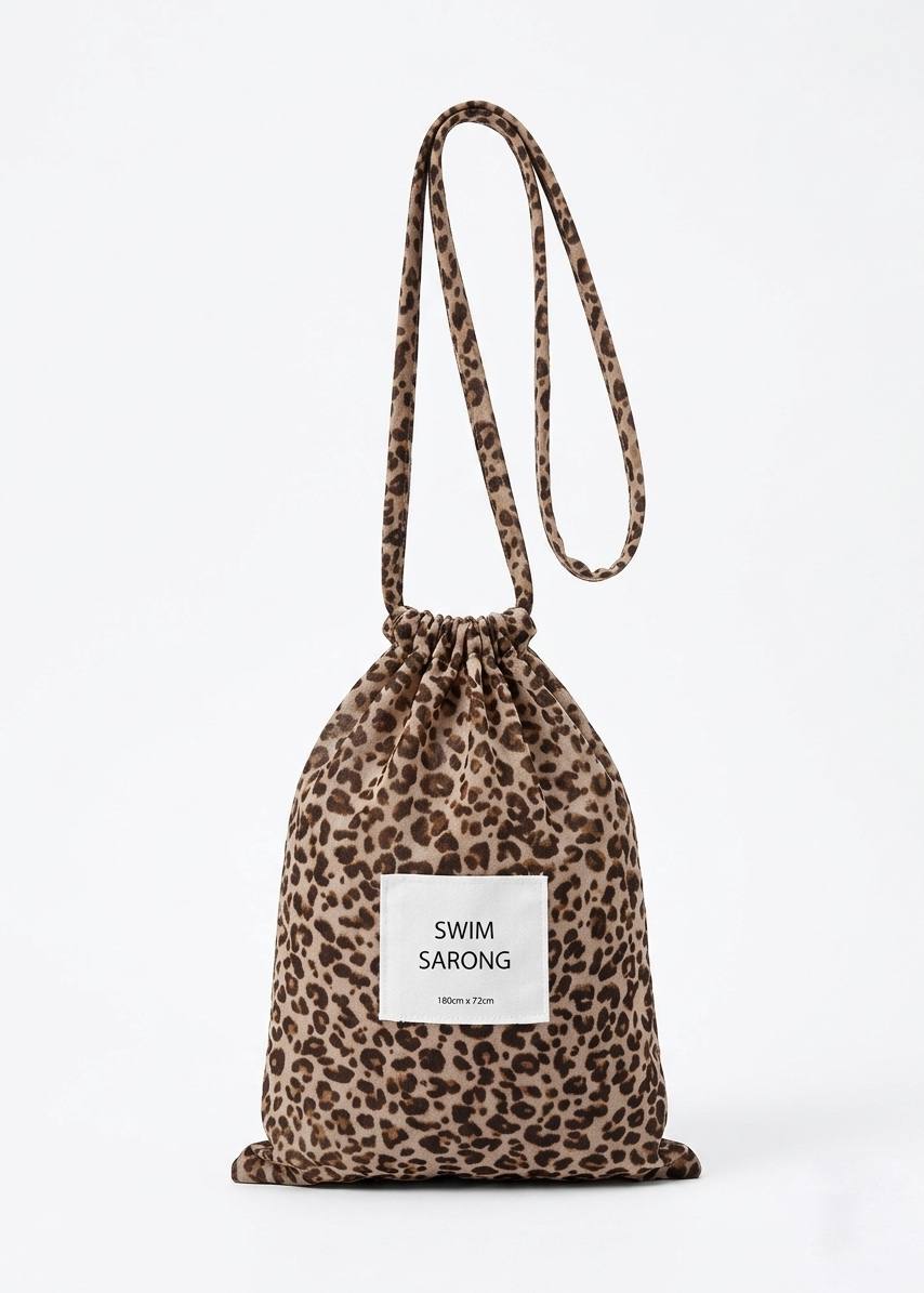 Leopard Print Swim Sarong & Matching Drawstring Carry Bag Set