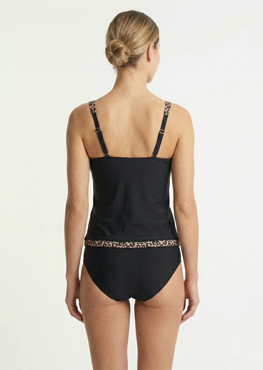 Leopard Print V-Neck Tankini and High-Waisted Bikini Set