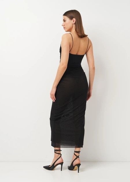 ZARA Sleek Black Ruched Mesh Midi Dress